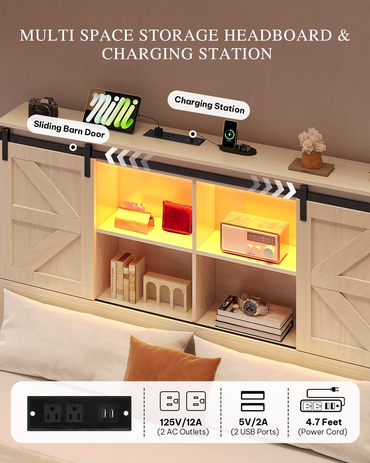 DWVO Farmhouse Queen Size Bed Frame with Storage Bookcase Headboard, Sliding Barn Door, 4 Storage Drawers, RGB LED Bed Frame with USB Charging Station, No Box Spring Needed, Antique White