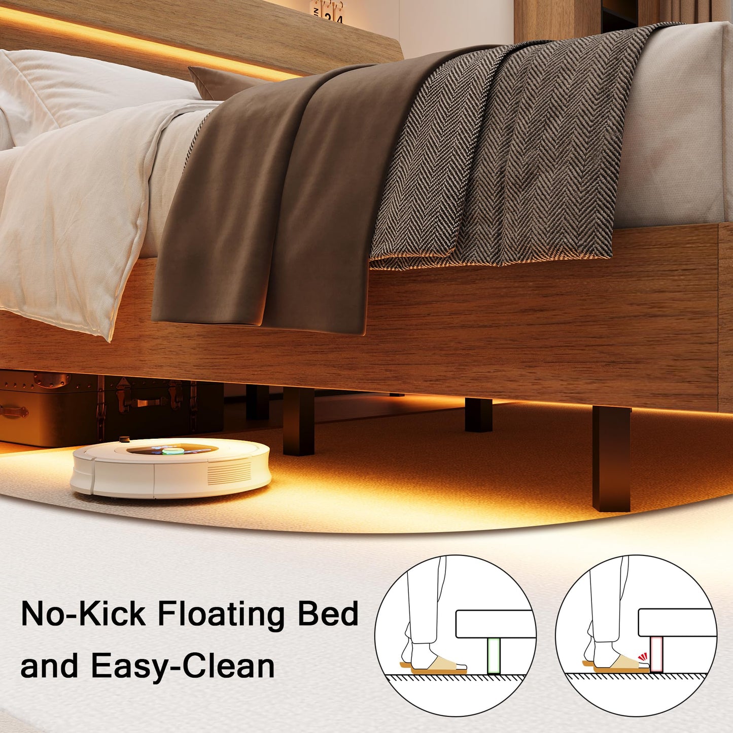 Einhomn Floating Bed Frame Full with Led Lights and Charging Station, Full Size Platform Bed Frame w/Storage Headboard, Heavy Slats Support, No Box Spring Needed, Noise Free, Easy Assembly, Walnut