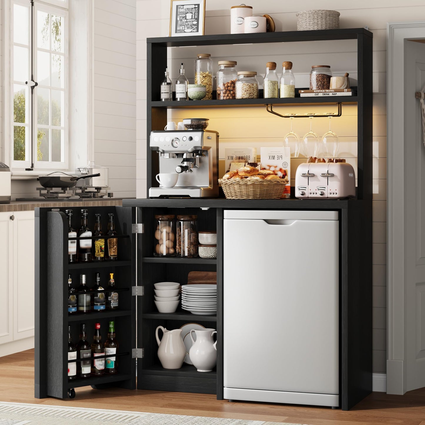 Jocoevol Coffee Bar Cabinet with Fridge Space, Mini Fridge Cabinet with Power Outlets and Glass Holder, Farmhouse Design Mini Fridge Stand with Storage for Living Room, Kitchen, Entryway, Black