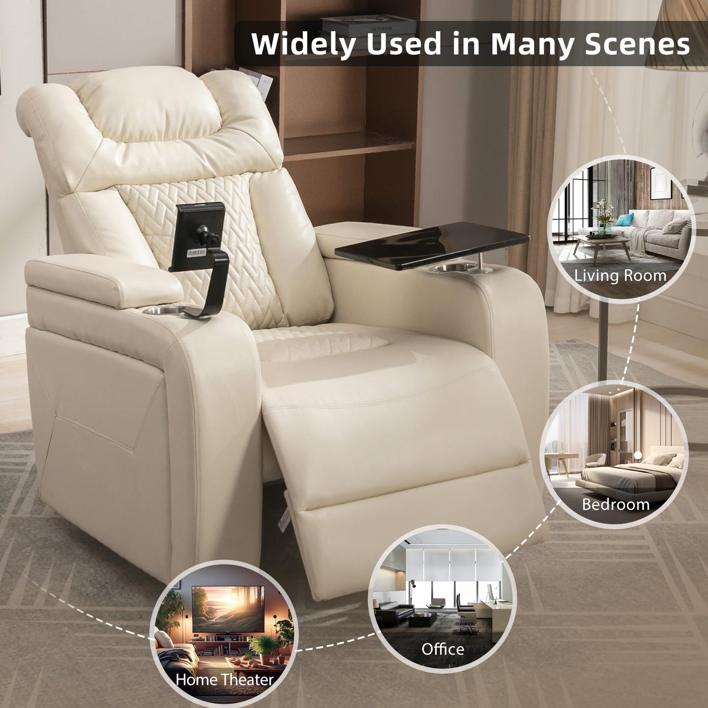 Ball & Cast Power Recliner Chair,270 Degree Swivel PU Leather Home Theater Seating for Living Room,Soft Individual Chair with Tray Table, Phone Holder,Cup Holder,USB Port,Hidden Arm Storage,White