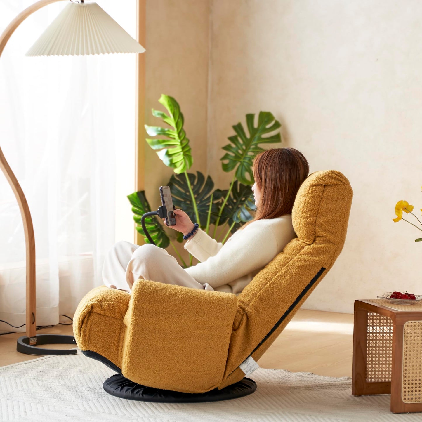 Noble House Home Furnishings Gwen Upholstered 360° Swivel Chair, Lounge Chair with Adjustable Backrest/Headrest, Metal Frame Living Room Lounge Sofa and Phone Holder, Comfy Bean Bag Chair, Yellow