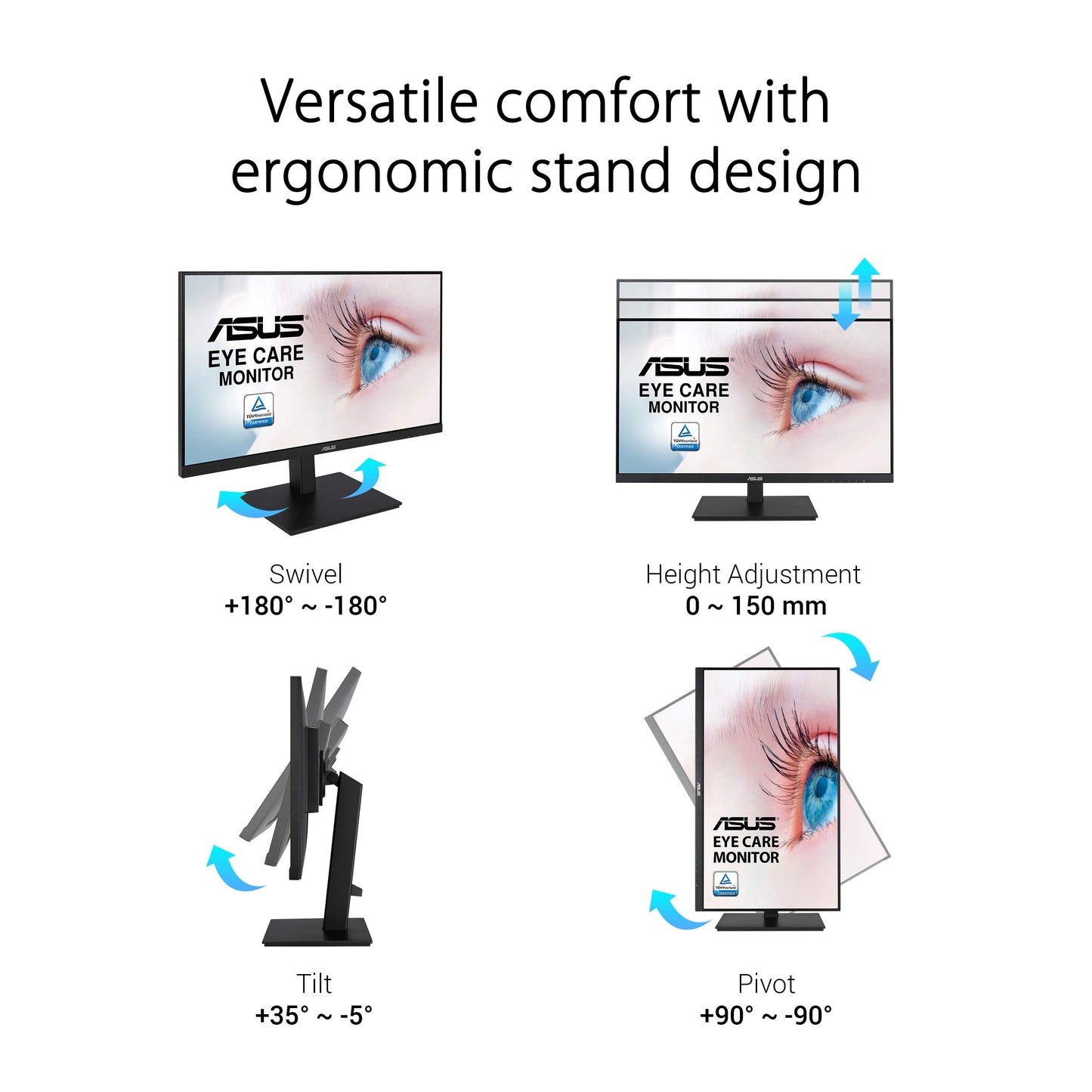 ASUS VA27DQSB 27” Monitor, 1080P Full HD, 75Hz, IPS, Adaptive-Sync, Eye Care, HDMI DisplayPort VGA USB Hub, Frameless, Ergonomic Design, VESA Wall Mountable,Black