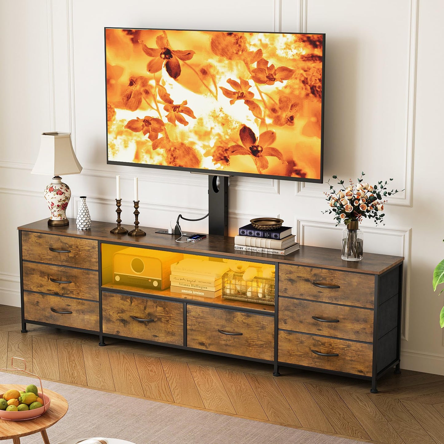 Welfuturer 70.8" W TV Stand with Mount and Power Outlet for 65/70/75/80 Inch TV, Farmhouse Entertainment Center with 8 Fabric Drawers, LED Lights and Open Storage Shelves for Living Room