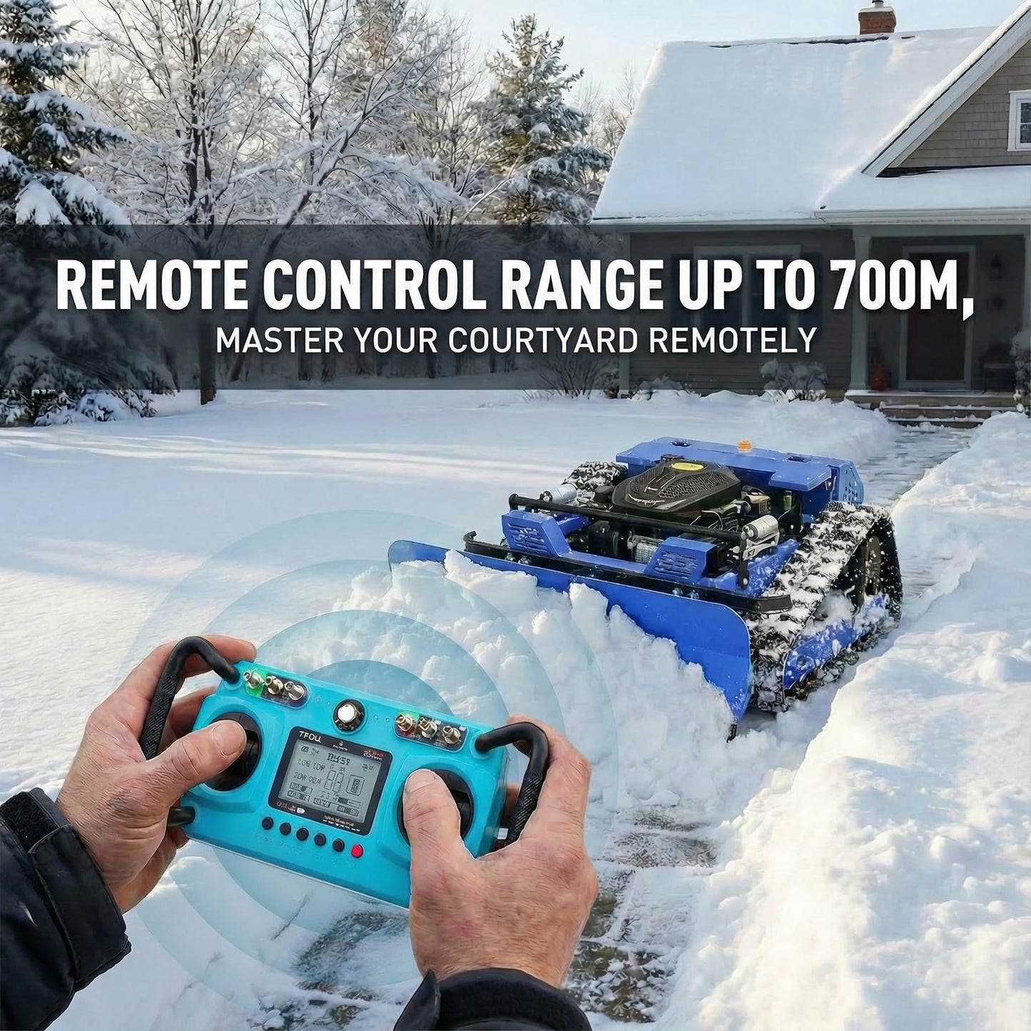Infront Remote Control Lawn Mower with Snow Plow, Crawler Track All-Terrain System, Hybrid Oil-Electric Power for Steep Slopes and Large Lawns, Adjustable Cutting Height