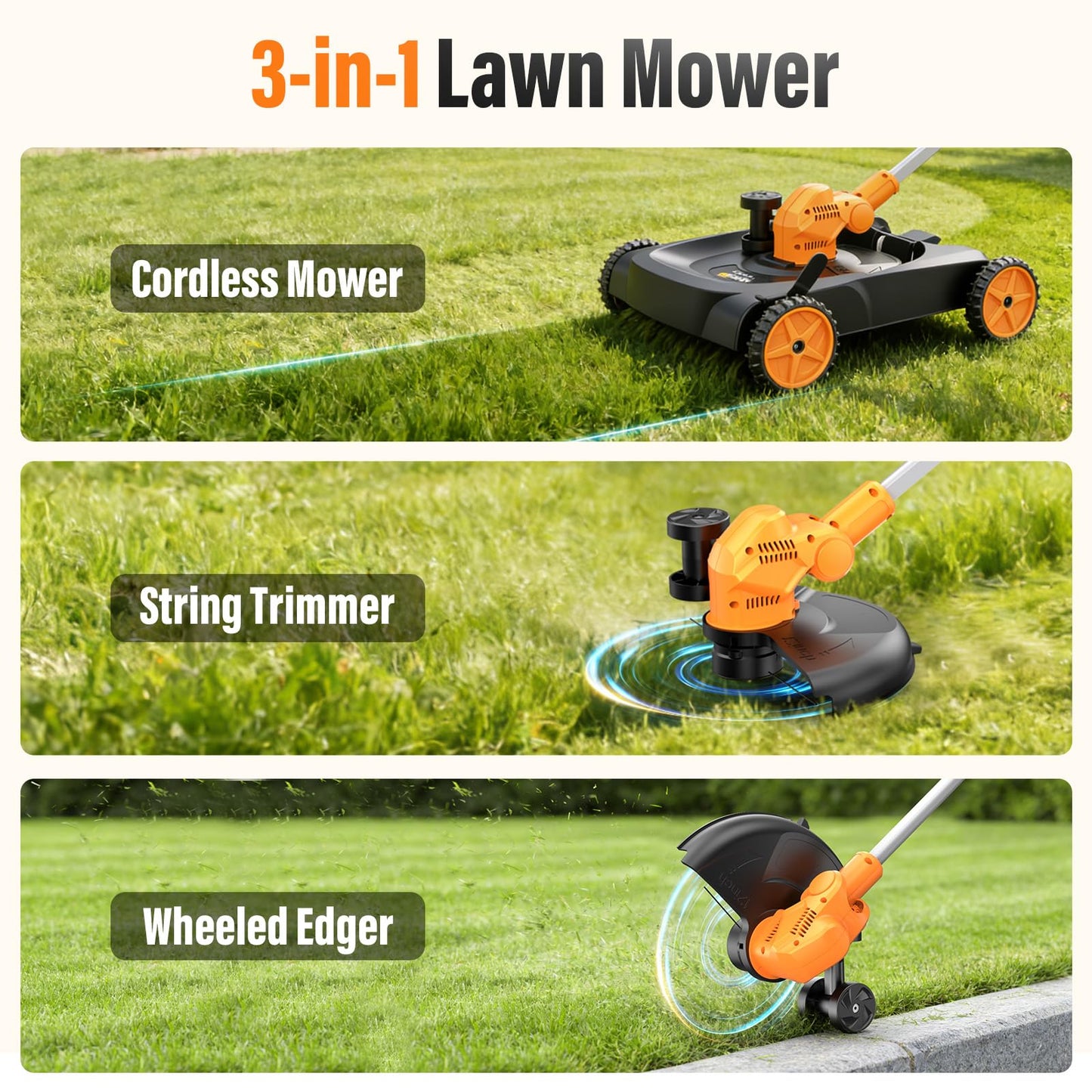 18.9" Cordless Lawn Mower, String Trimmer & Wheeled Edger 3-in-1 Combo, Brushless 2 * 4.0Ah Batteries, 3 Blades, Adjustable Height & Angle Electric Weed Eater and Lawnmower