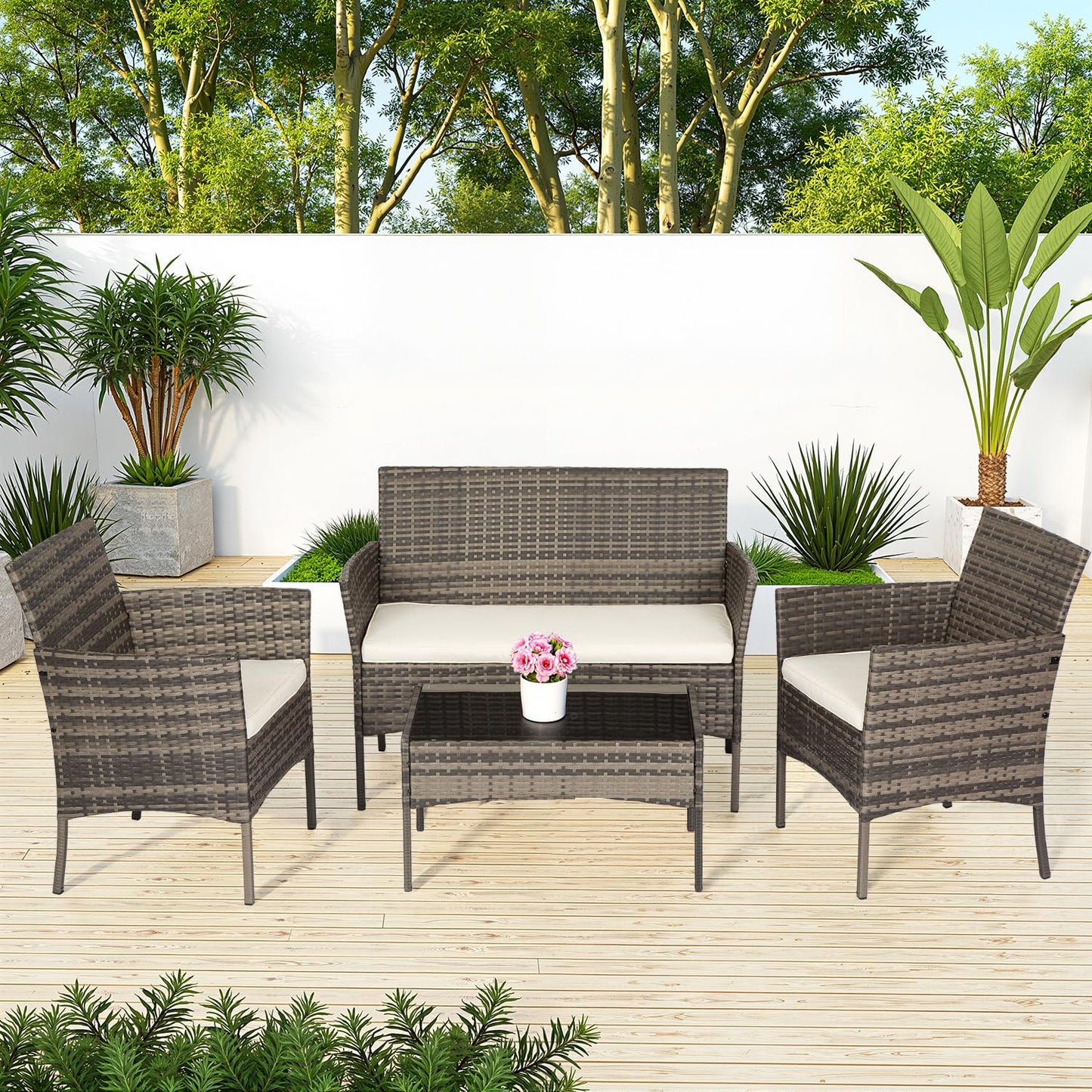 FDW Outdoor Patio Furniture Set Wicker Patio Set PE Rattan Furniture Bistro Set for Outdoor Indoor Use with Loveseats Coffee Table, Khaki Cushions, 4 Pieces