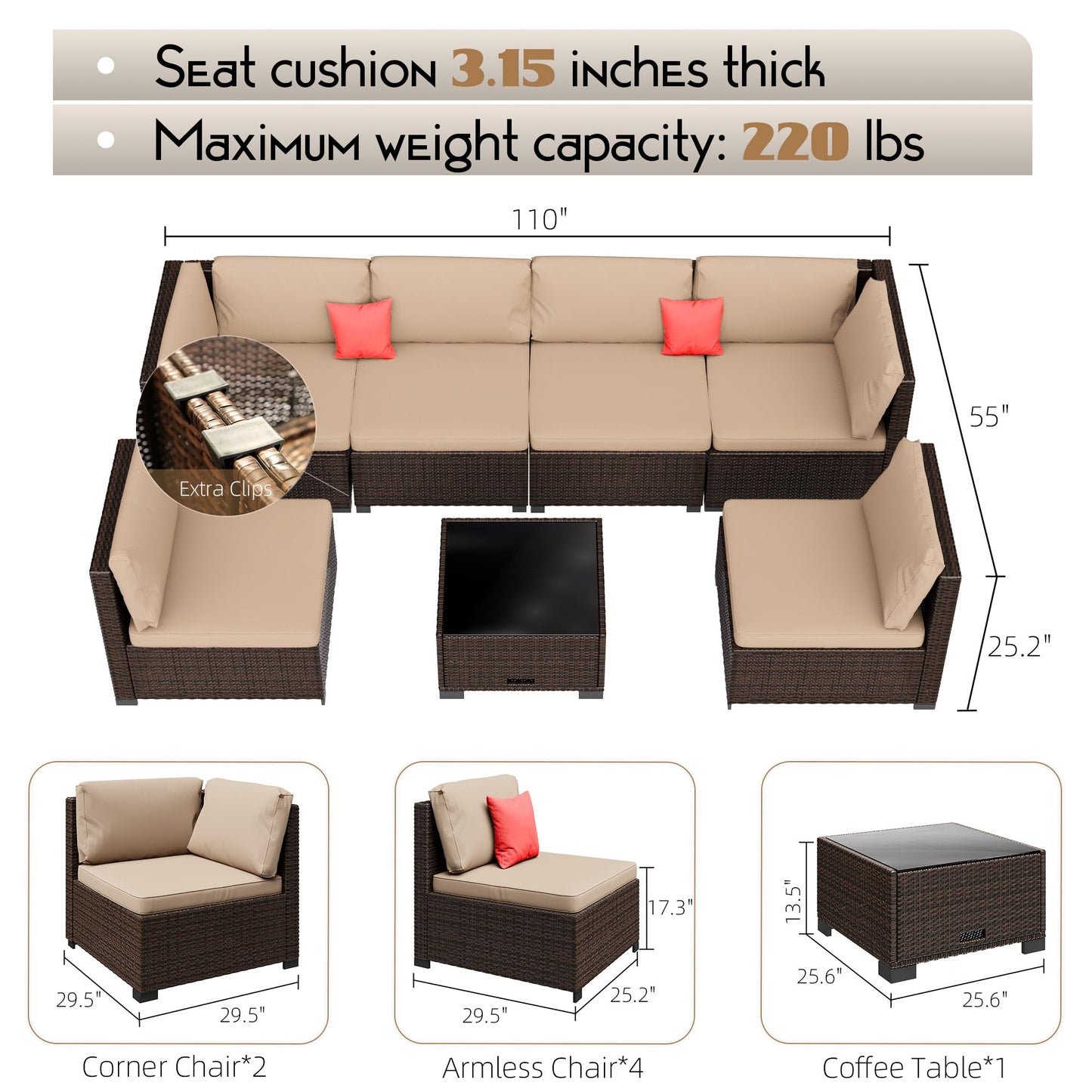 LHBcraft 7 Pieces Outdoor Furniture Set, Wicker Furniture Patio Conversation Sets with Tea Table and Thickened Beige Cushions, Outdoor Patio Sectional Sofa for Garden, Poolside, Backyard