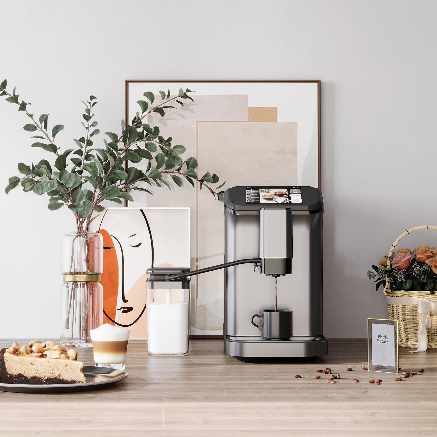 Garvee Fully Automatic Espresso Machine with Built-In Grinder and Milk Frother, 4-Beverage Cappuccino and Latte Maker with Intuitive Touch Display, Gunmetal Finish