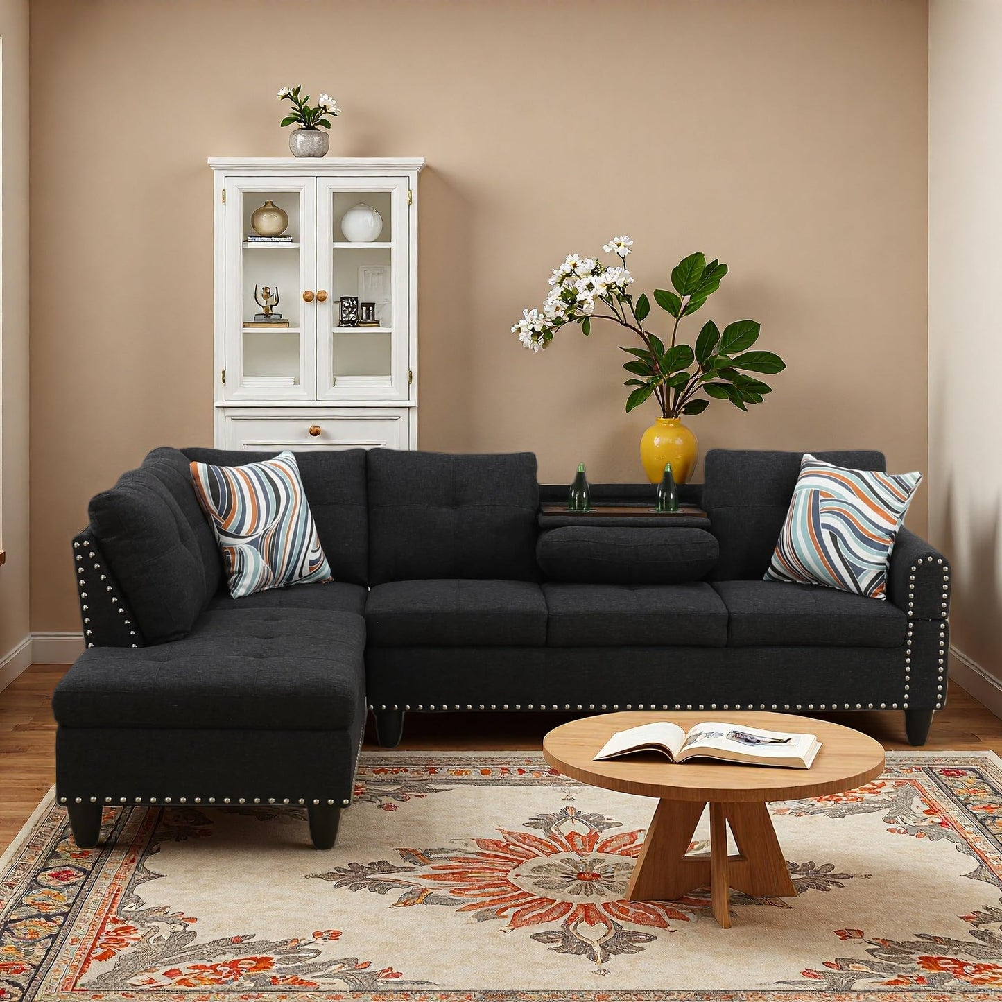 Trygoal L-Shaped Sectional Sofa, Modern 4-Seat Couch with Built-in Cup Holders, Upholstered Fabric Sectional Couch with Left Facing Chaise for Living Room, Apartment, Office, Black Gray