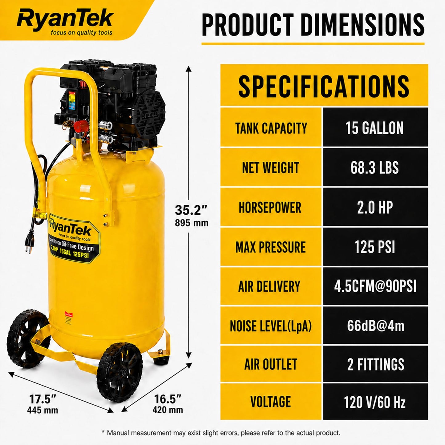 15-Gallon Air Compressor,2HP,Vertical Tank, 4.5CFM@90PSI,Quiet 66dB Twin Cylinder, Oil-Free, for Inflation, Nail Guns,Auto Repair, Painting, Woodworking and Home Use(Maximum Pressure 125 PSI)