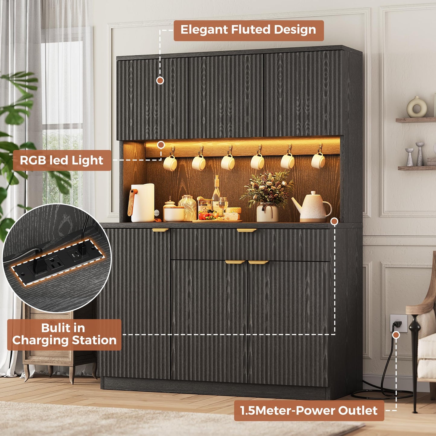 Fluted Kitchen Pantry Storage Cabinet with Charging Station/LED Light/Drawer/Doors/Shelves, 71'' Tall Kitchen Food Hutch with Microwave Stand for Dining Room Living Room (Black, 41 * 15.7 * 71)