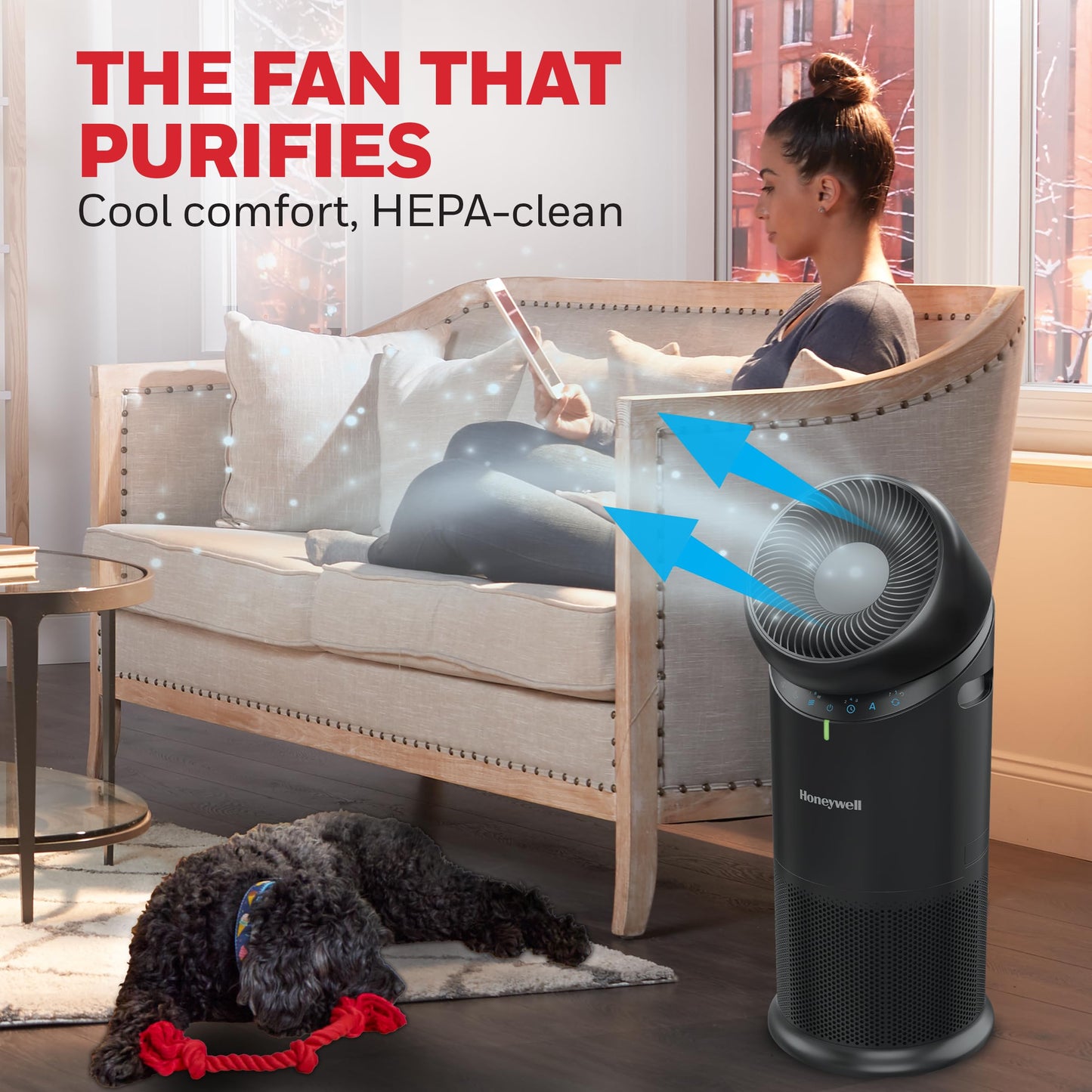 Honeywell Allergen Plus™ 3-in-1 HEPA Air Purifier, Standing Fan & Air Circulator, 1928 Ft² Rooms in 1 Hour, Quality Sensor, Sleep Mode, Reduces Allergens, Pet Dander, and Odors, Black, HPA6000B