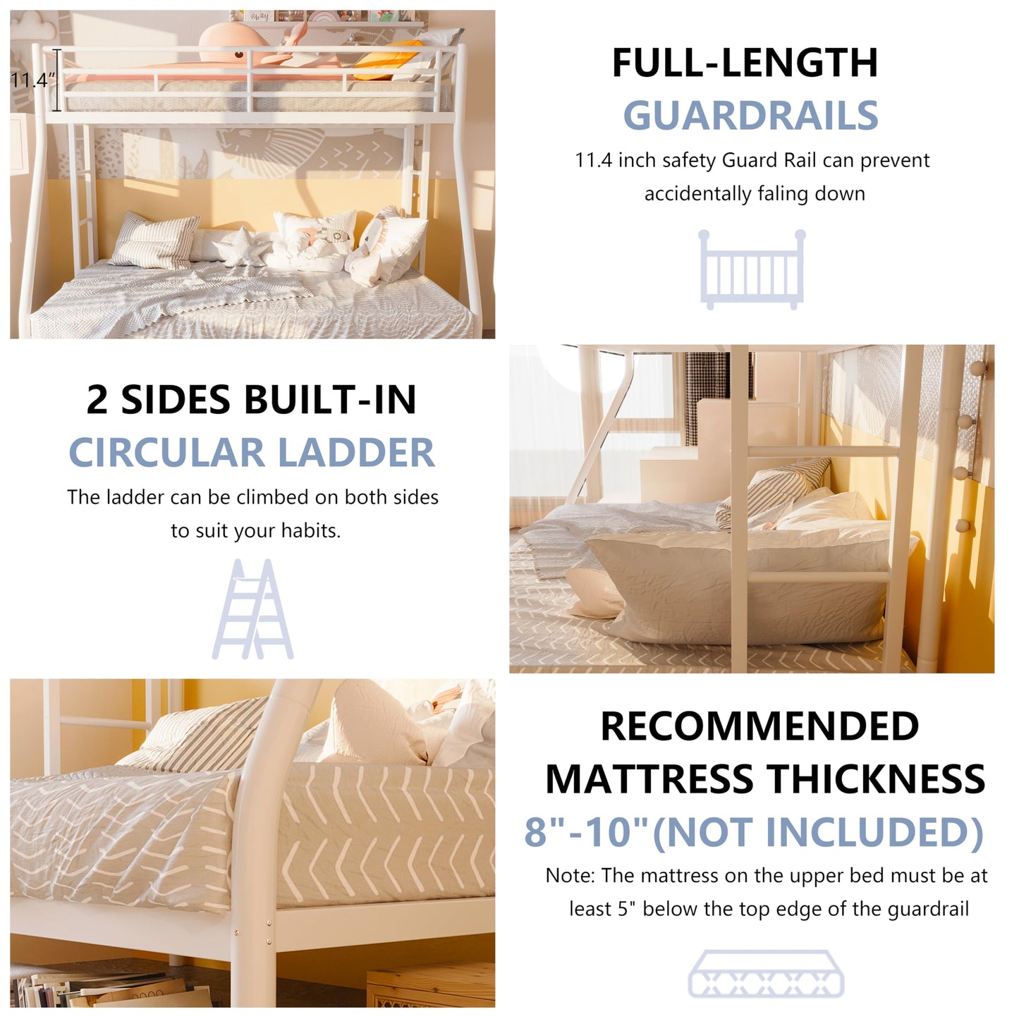 SUNLEI Metal Loft Bed with 2 Secured Ladders, Bunk Bed Twin Over Full with Trundle, Trundle Beds Twin Safety Guard, for Small Bedroom Noise Free (Twin Over Full, Metta Classic White)