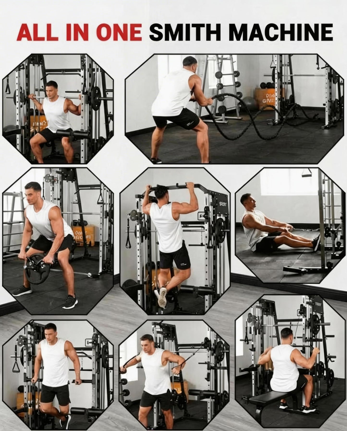 Smith Machine Home Gym, 2200LB Power Cage with Dual Pulley Cable Systems, LAT Pull-Down, Leg Hold-Down & 20+ Attachments for Full Body Workouts, Red
