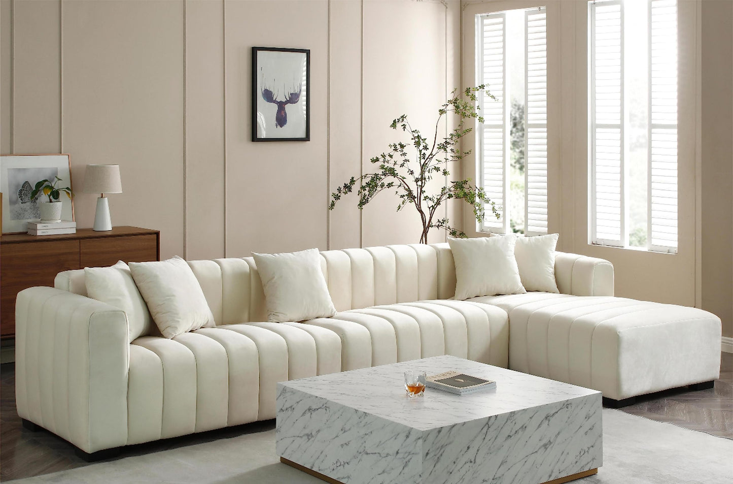 KEIKI 139" L-Shape Velvet Modular Sectional Sofa with Right Chaise Lounge, Modern Style Upholstered Oversized Reversible 3-Seater Channel Tufted Couch, Easy Assembly, for Apartment, Living Room, Beige