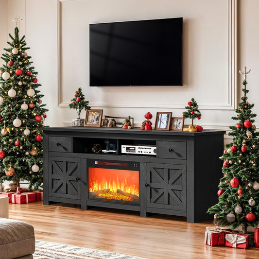 DWVO TV Stand with Fireplace for 75 Inch TVs, Entertainment Center with Power Outlet, Electric Fireplace TV Stands for Living Room, TV Console with Storage Drawers & Cabinets (Black)