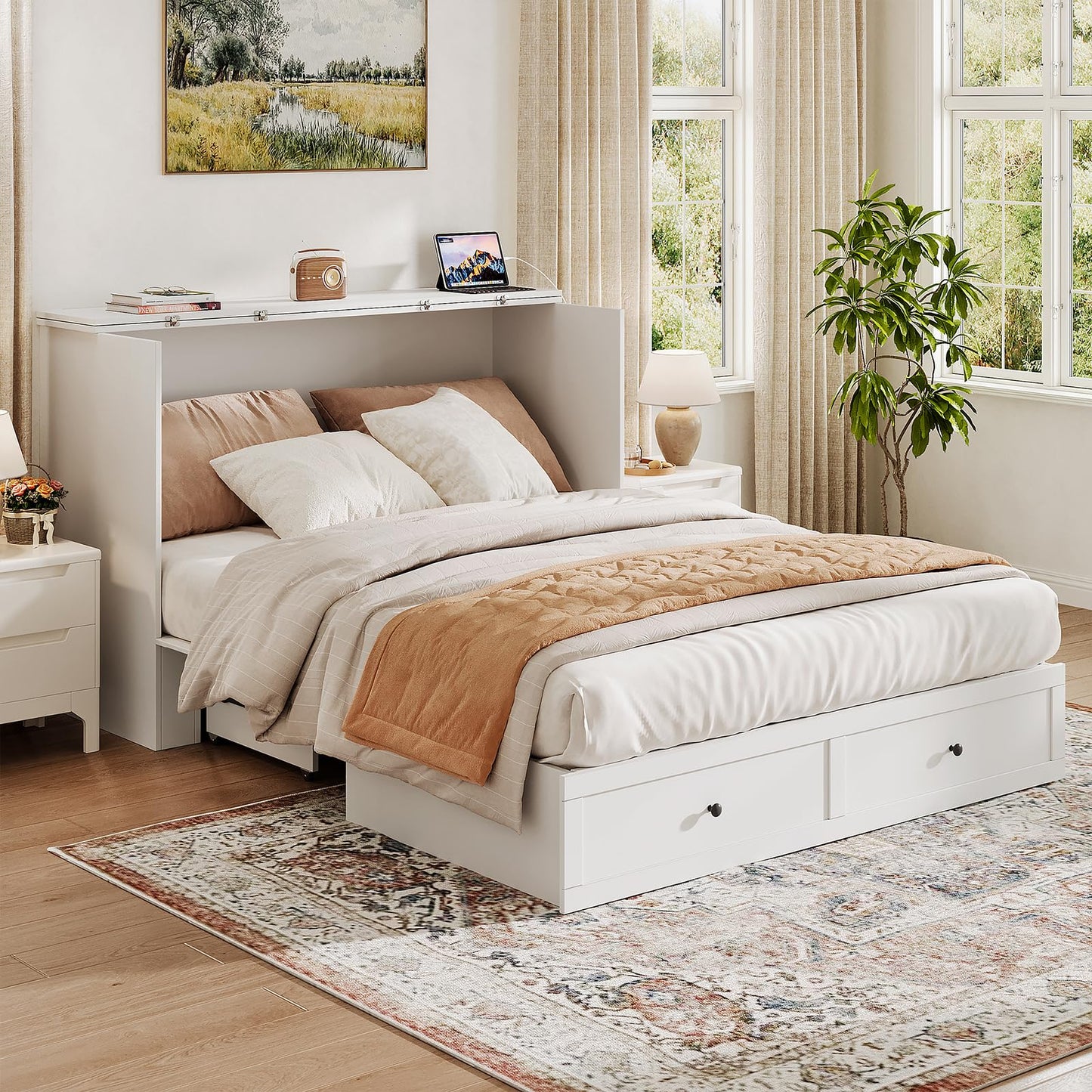 LIVAUVEAD Queen Murphy Bed with Storage & Charging Station, Murphy Cabinet with Foldable Panel, Noisy Free, for Guest Bedroom, Living Room, Office, Distressed White