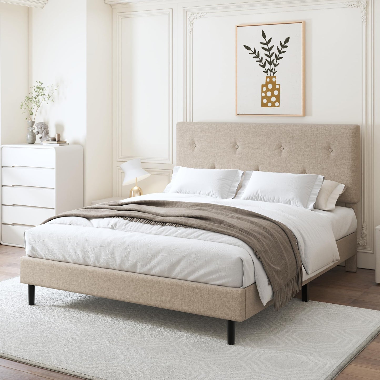 Mxhtcewz Full Size Linen Bed Frame, Upholstered Platform Bed Frame with Adjustable Headboard, Wooden Slats Support, No Box Spring Needed, Easy Assembly, Beige