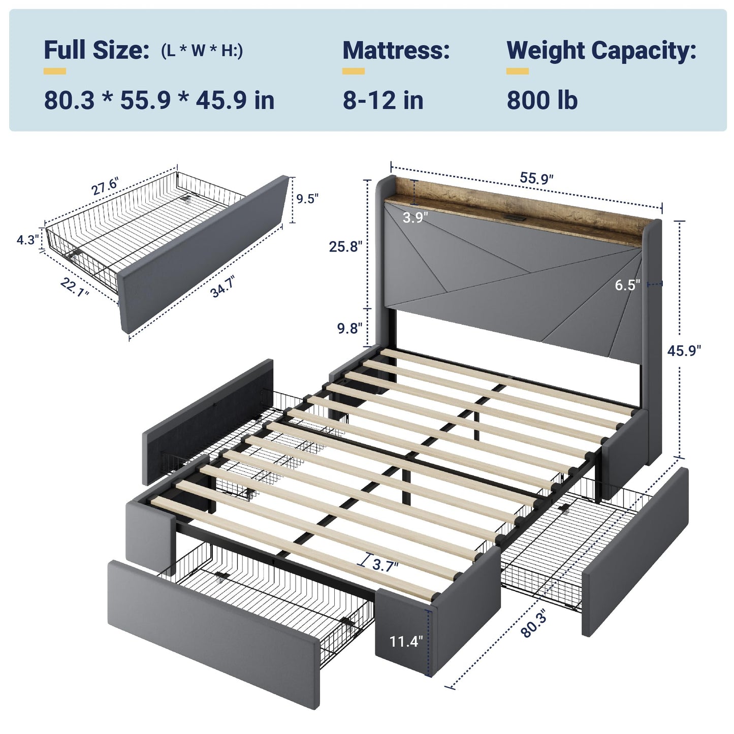 Allewie Full Size Velvet Bed Frame with 3 Storage Drawers, Upholstered Platform Bed with Wingback Storage Headboard and USB Ports, No Box Spring Needed, Easy Assembly, Grey