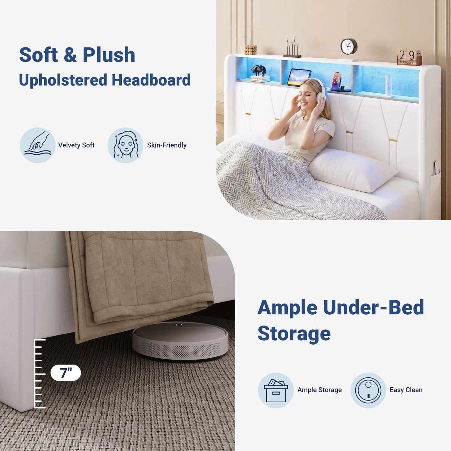 Allewie Full Bed Frame with 2-Tier Storage Headboard, Charging Station & LED Lights, Velvet Upholstered Platform Bed with 2 Drawers, Wingback Headboard, Gold Button Tufted, No Box Spring Needed, White