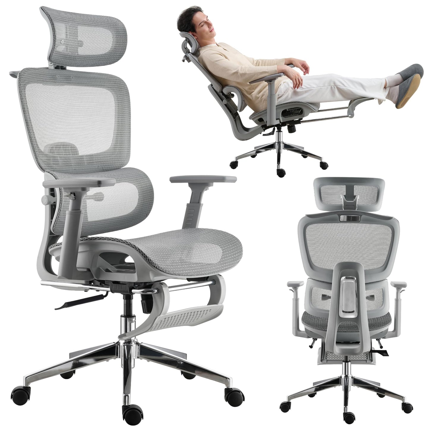 hujusko Mesh Ergonomic Office Chair with Footrest, High Back Mesh Gaming Chair with Lumbar Support, Adjustable Headrest and Armrests for Home Office Desk Chair (Modern, Grey)