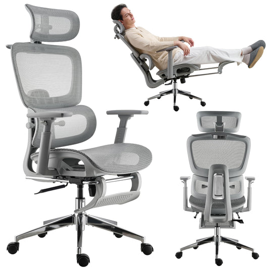 hujusko Mesh Ergonomic Office Chair with Footrest, High Back Mesh Gaming Chair with Lumbar Support, Adjustable Headrest and Armrests for Home Office Desk Chair (Modern, Grey)