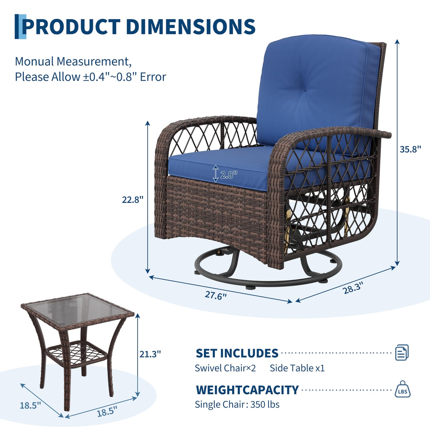 GarveeLife 3 Piece Swivel Wicker Patio Furniture Set, Outdoor Rattan Swivel Chairs with Side Table, All-Weather Conversation Set for Patio, Deck or Backyard, Brown Gradient Wicker with Blue Cushions