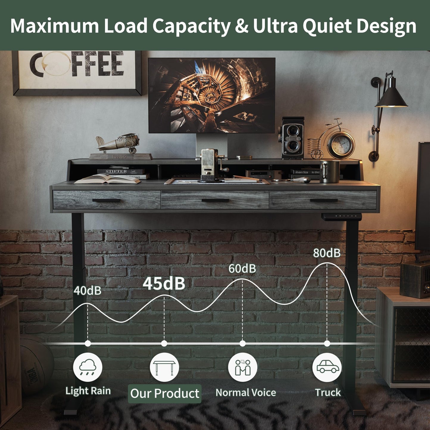 CubiCubi Standing Desk 55x26 Inches with 3 Wood Drawers and Monitor Shelf, Ergonomic Rising Home Office Desks, Height Adjustable Computer Desk, Sit Stand Up Electric Workstation Table, Antique Grey