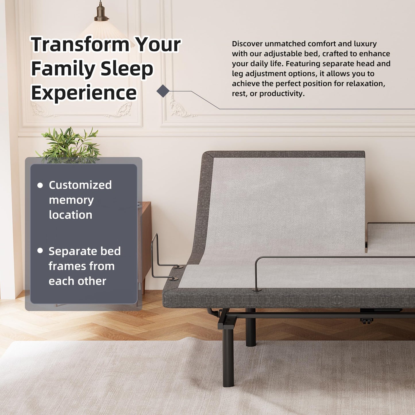 ESHINE Adjustable Bed Frame Smart Bed Split Top King - Electric Upholstered Bed Base with Massage, Wireless Remote, Ergonomic Foot&Head Incline, Zero Gravity, Dual USB Ports, Under Bed Light, Grey