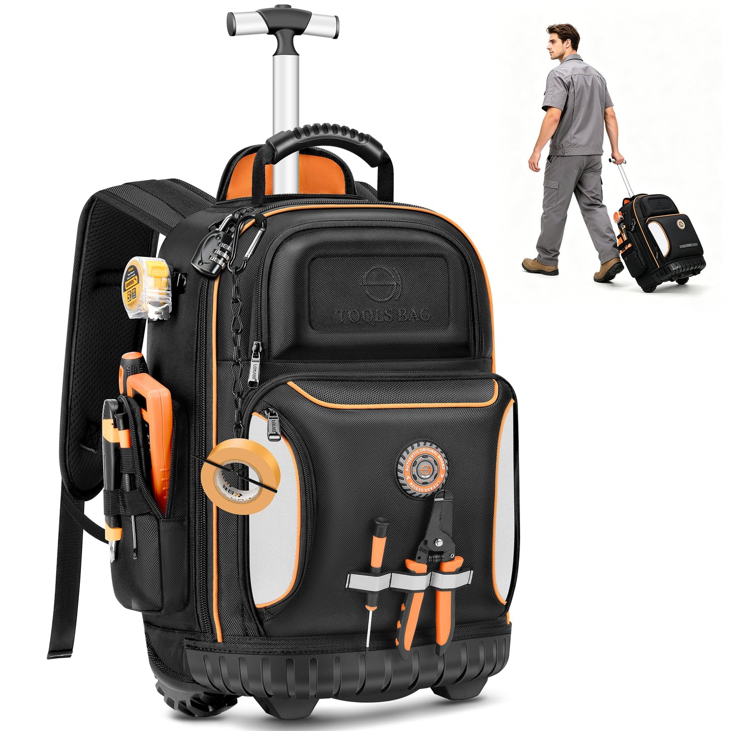 BUGARORE 16" Rolling Tool Backpack with Wheels, 75 Pockets Electrician Tool Bag for Construction HVAC, 1680D Waterproof, Molded Base & Combination Lock