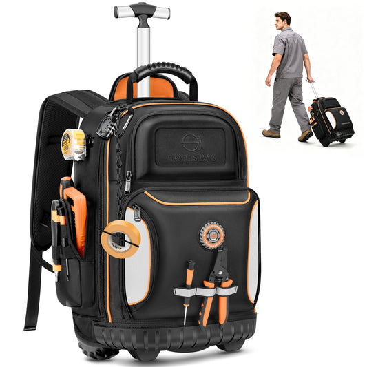 BUGARORE 16" Rolling Tool Backpack with Wheels, 75 Pockets Electrician Tool Bag for Construction HVAC, 1680D Waterproof, Molded Base & Combination Lock