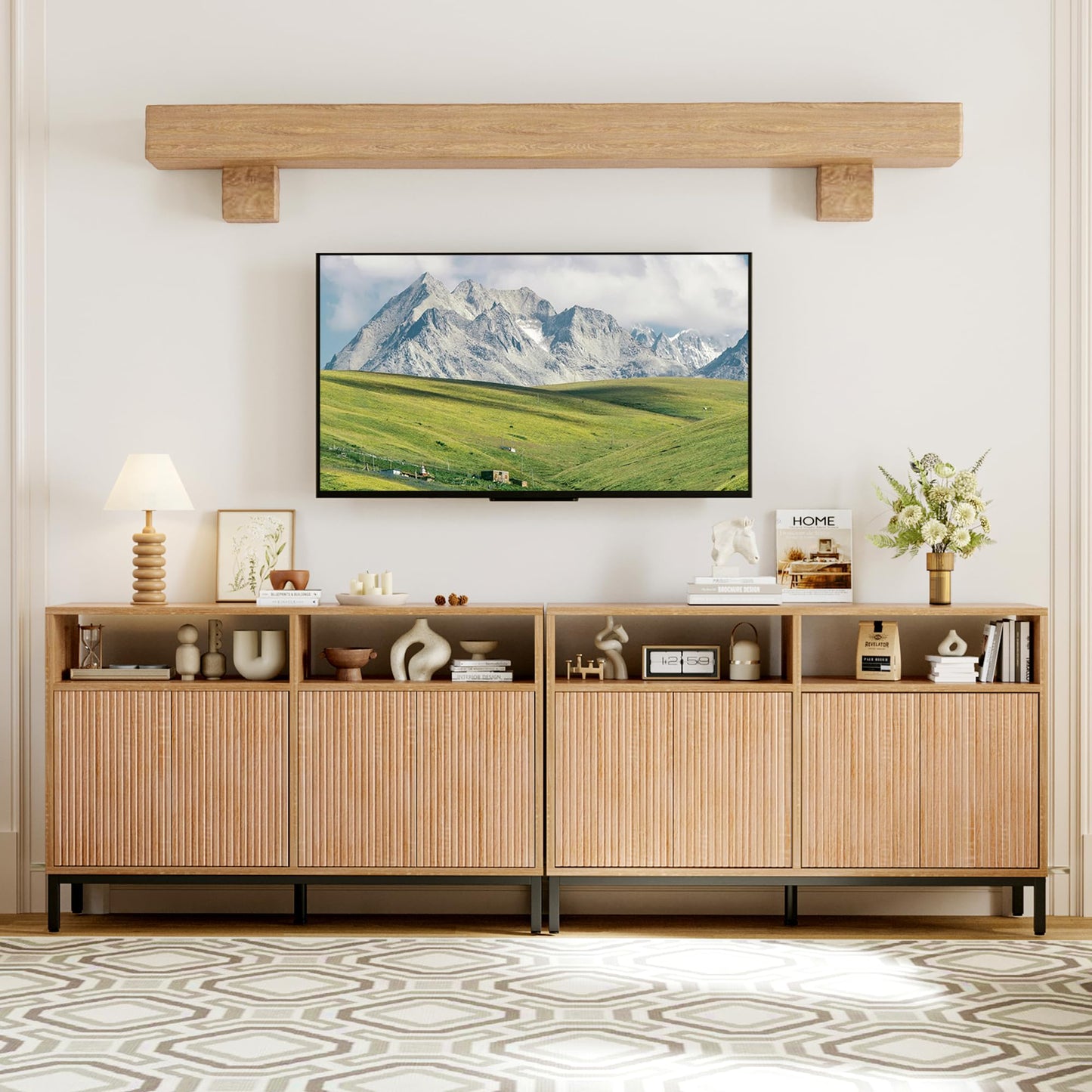 Mericonia Farmhouse Buffet Sideboard Cabinet with Storage, Fluted Coffee Bar with Doors and Adjustable Shelves, Modern Wood Console Cabinet for Kitchen, Livingroom (Fluted 4 Door, Natural)