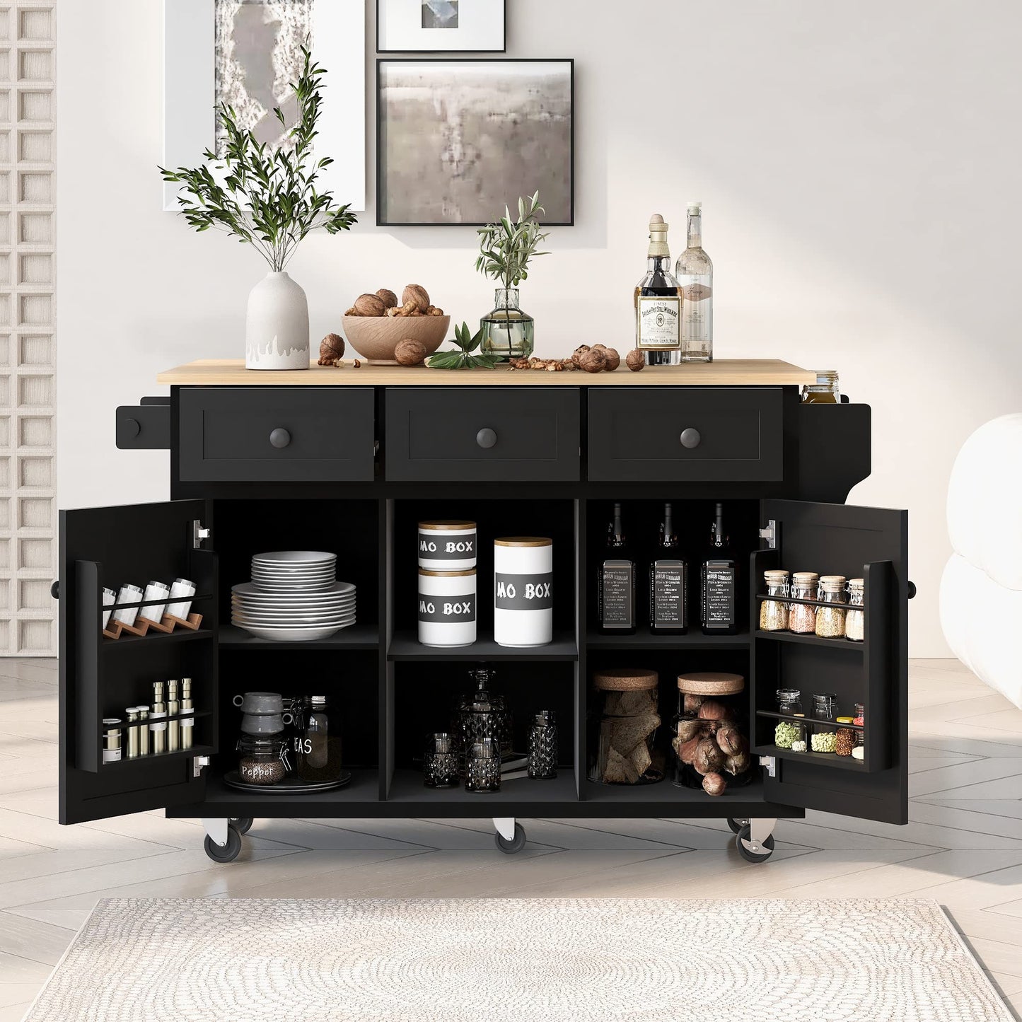 Merax Rolling Mobile Kitchen Island Cart Breakfast Bar with Wood Top, Door Internal Storage Racks, 3 Drawers and 5 Wheels for Dining Room