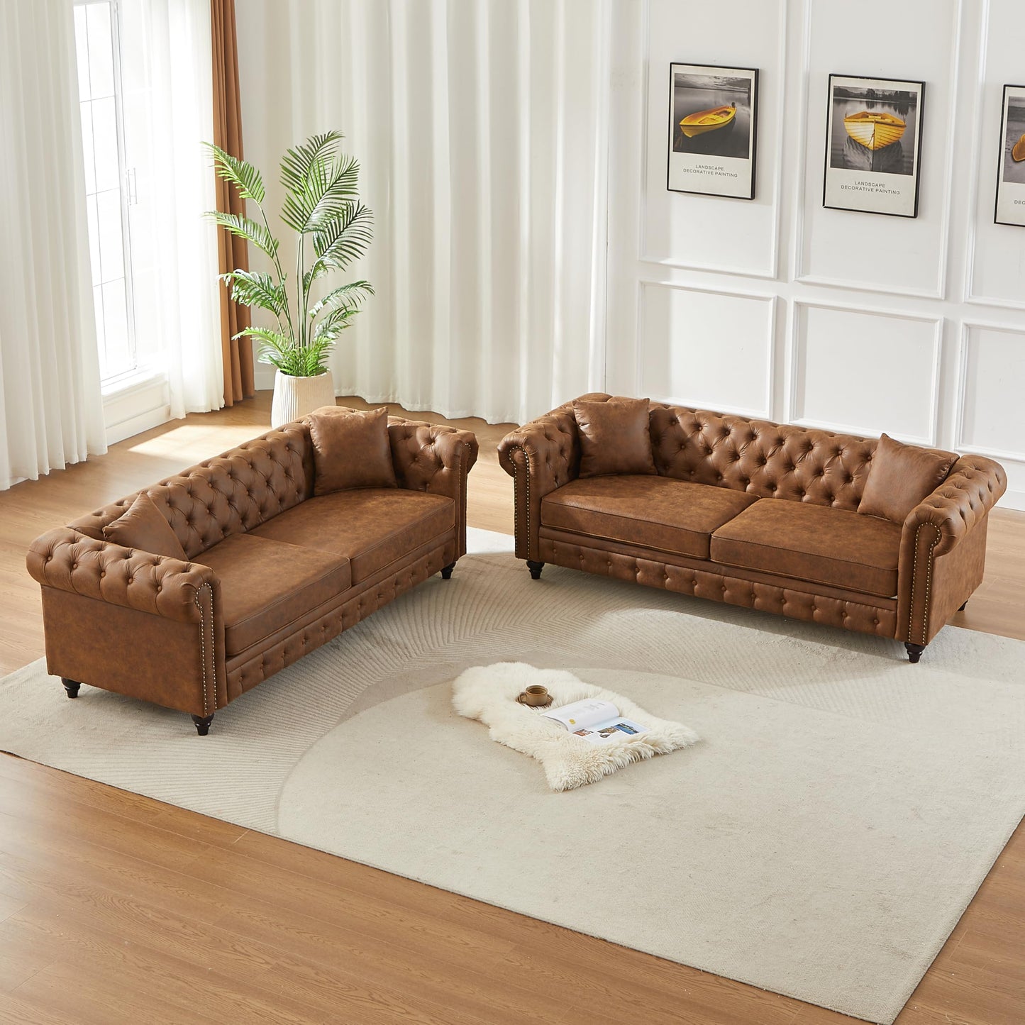 KEIKI Chesterfield Sofa, Retro Style Upholstered 3+3 Seats Tech Fabric Couch with Rolled Arm for Living Room Bedroom Office, Brown