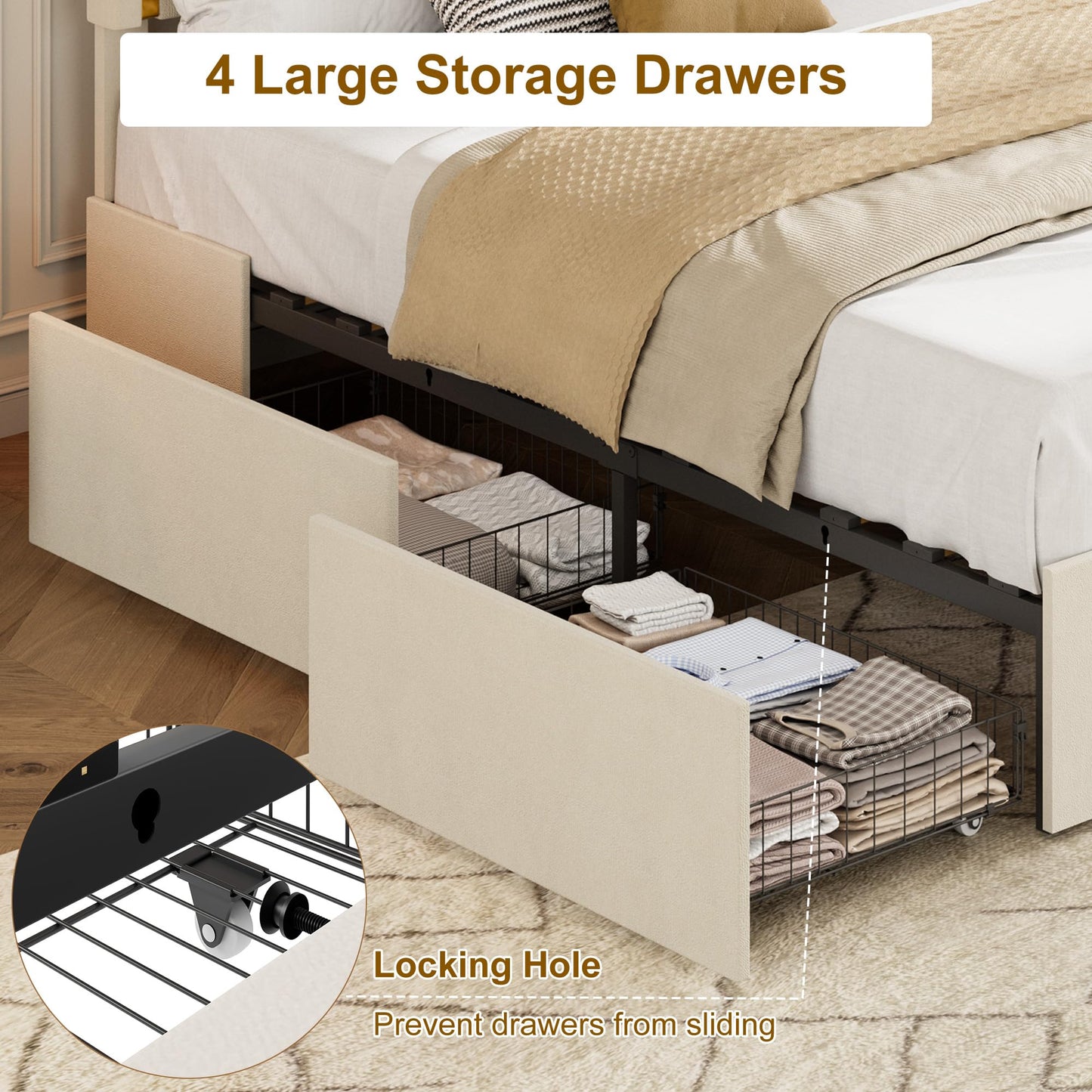 Garvee Upholstered Full Size Bed Frame with Adjustable Headboard, Luxury Golden Tufted Platform Bed with 4 Storage Drawers, Wooden Slats Support, No Box Spring Needed, Easy Assembly - Beige