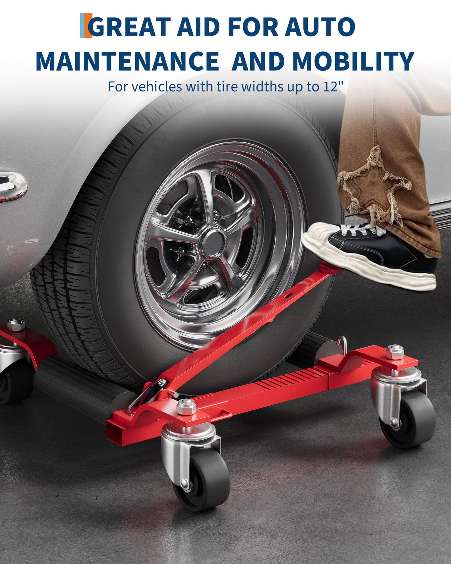 2 Pack 6000 LBS Heavy Duty Car Wheel Dolly Jack Set, Mechanical Vehicle Tire Positioning Mover with Ratcheting Foot Pedal, Auto Repair Moving Kit for Garage Workshop, Red