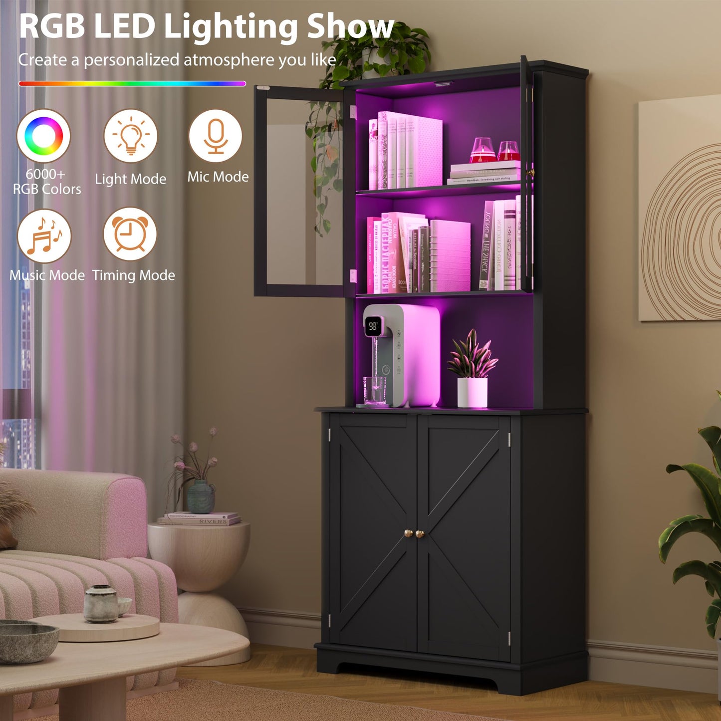 72" Tall Black Kitchen Hutch Cabinet with Glass Doors, 41" Wide Freestanding Storage Cabinet with Charging Station & LED Lights, Open Counter Shelf and Double Lower Doors, Farmhouse Buffet for Dining