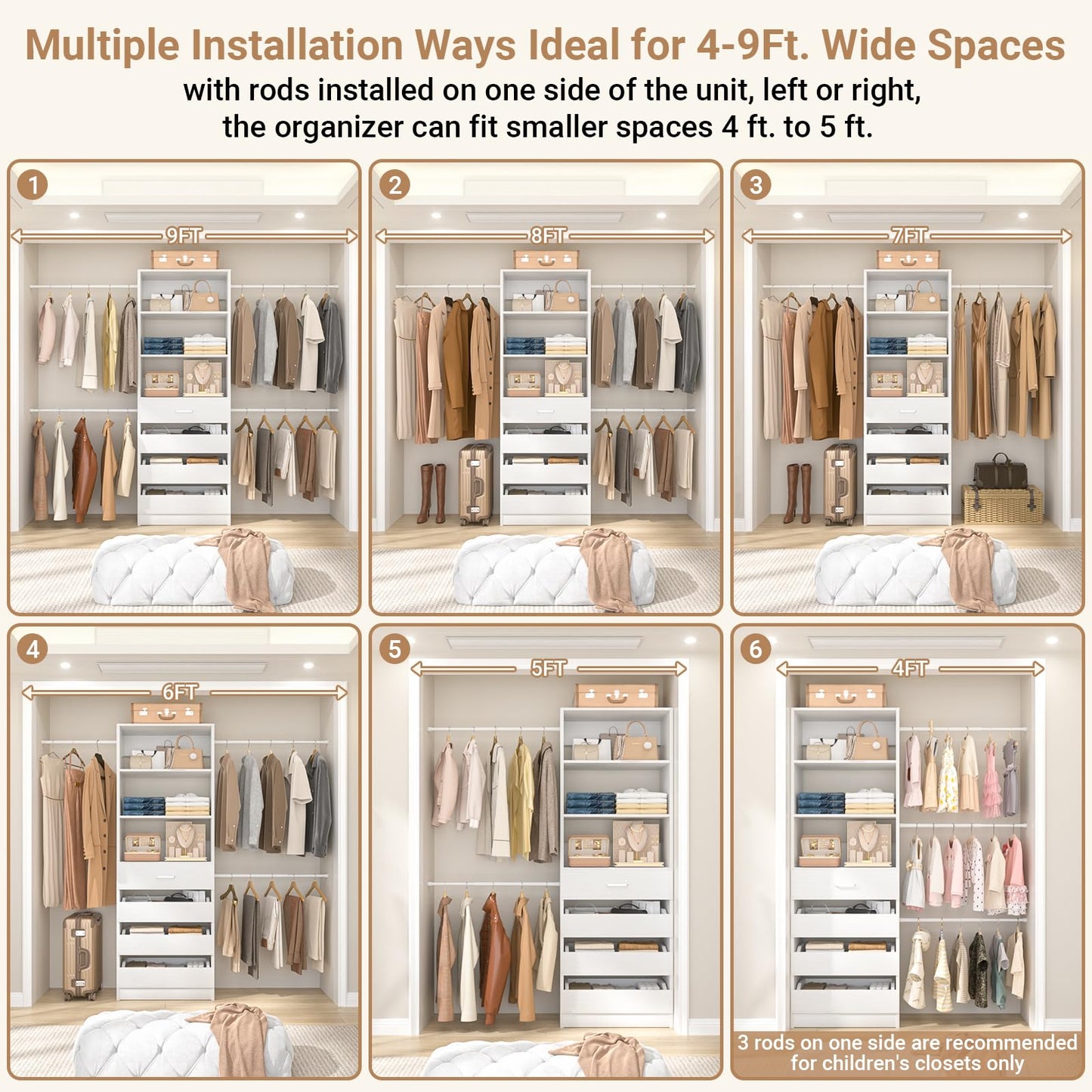 Aheaplus Closet System, 4-9Ft Closet Organizer with 4 Wooden Drawers, Wood Closet Organizer System with Tower, Walk-in Closet Organizer Wardrobe Clothes Rack with 4 Hanging Rods, Garment Rack, White