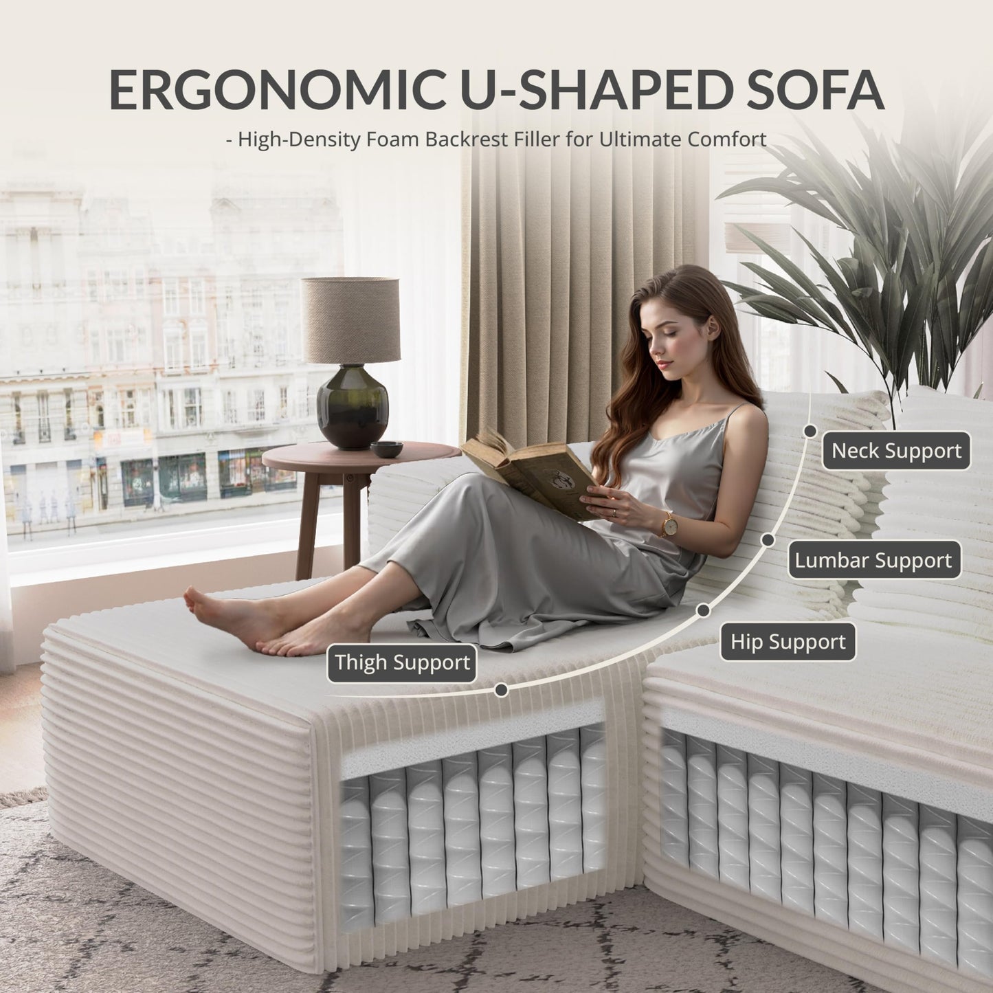 Attalee Modular Sectional Sofa for Living Room, L Shaped Compressed Corduroy Sectional Boneless Couches with Deep Seat and 4 Storage Pockets, Easy Assembly, White