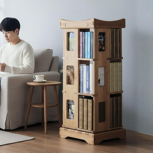 unununu Wooden Rotating Bookshelf, Larger Solid Wood Revolving Bookcase,360°Spinning Book Shelf Tower,Floor Standing Storage Rack,Corner Organizer for Small Space,Study,Office,17"x17"x44"(3-Tier)
