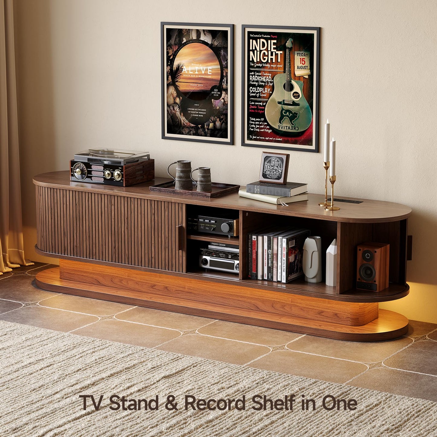 ONBRILL 70" TV Stand up to 80 Inch, Entertainment Center with LED Lights and Storage, Mid Century Modern Fluted TV Console with Power Outlet, Media Console for Living Room Bedroom (Walnut)
