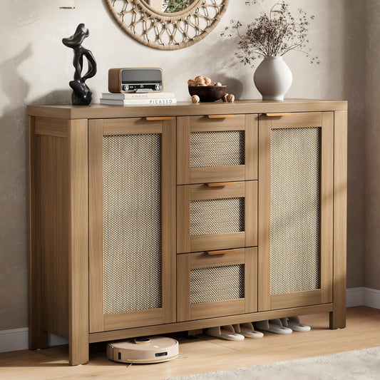 Garvee Rattan Buffet Sideboard Cabinet, Coffee Bar Cabinet with 3 Drawers, Boho Kitchen Accent Storage Cabinet for Dining Room, Living Room, Entryway, Light/Dark Oak