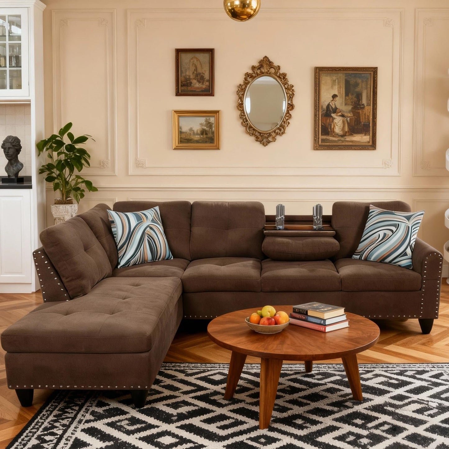Trygoal L-Shaped Sectional Sofa with Cup Holder, 97 Inch Living Room Set with Chaise, Sectional Couches with Nailhead Trim, for Living Room, Apartment, Study, Brown
