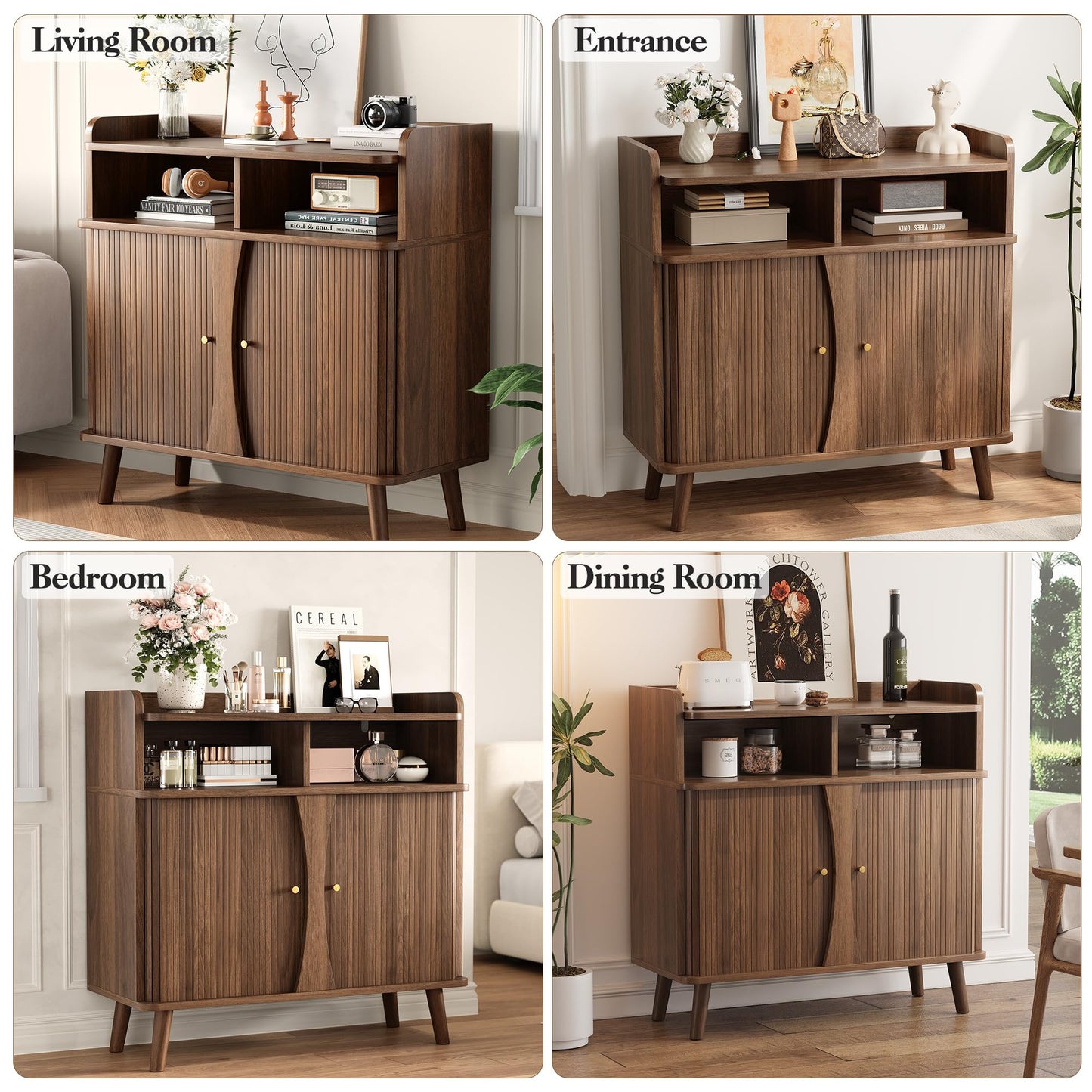 Decofy 39" Buffet Sideboard Cabinet, Mid Century Modern Console Cabinet with Roller Shutter Sliding Doors & Adjustable Shelves for Kitchen Cabinets, Living Room, Entryway, Coffee Bar Cabinet (Walnut)