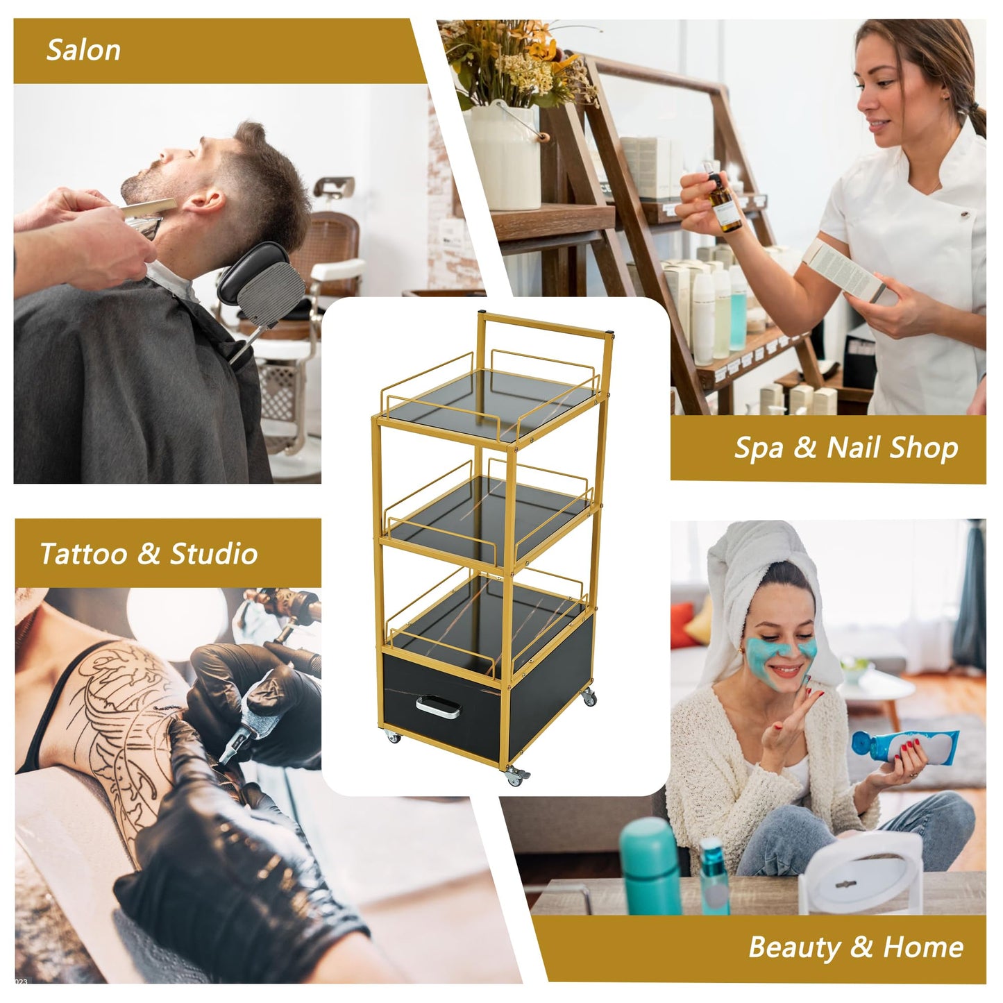 Beauty Salon Cart with Lockable Wheels 3-Tier Rolling Makeup Cart Organizer Esthetician Cart with Drawer Marbled Board for Nail Skincare and Barber Supplies Black and Gold