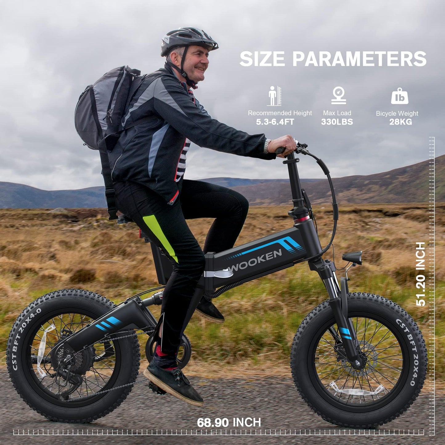 Wooken Folding Electric Bike, 20''X4.0 Fat Tire Electric Bike for Adults,Peak 750W Foldable E Bike with 48V 10Ah Battery,Professional 7 Speed, Full Fuspension, 20MPH Ebike for Mountain Beach Snow