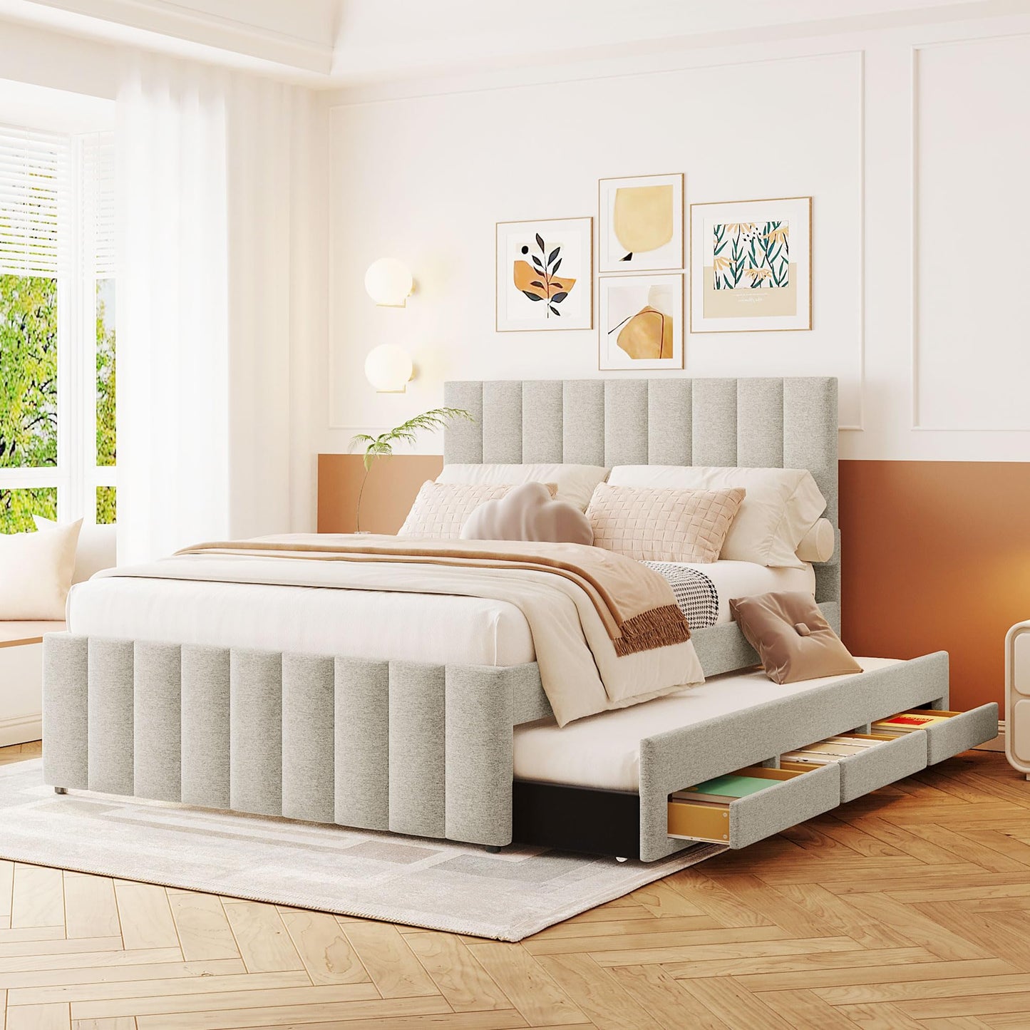 Merax Full Size Bed Frame with Trundle and 3 Storage Drawers, Elegant Linen Upholstered Platform Bed with Stripe Headboard for Bedroom, Small Spaces, No Box Spring Needed, Easy Assembly, Beige