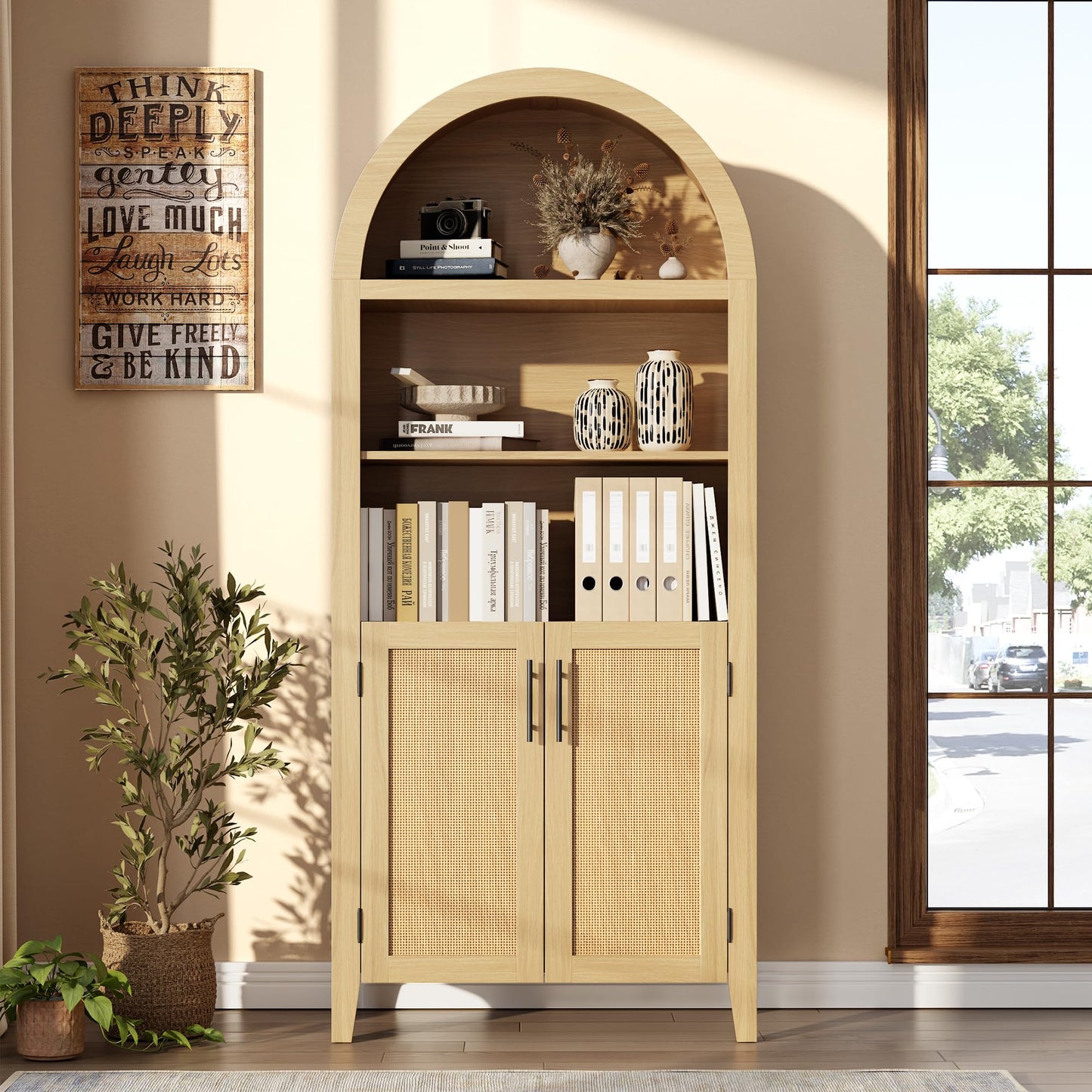 IDEALHOUSE Arched Kitchen Pantry Cabinet with Doors - 5-Tier Open Display Shelf with Rattan Decor, Farmhouse Storage Cabinet for Kitchen, Dining Room, Living Room, Natural