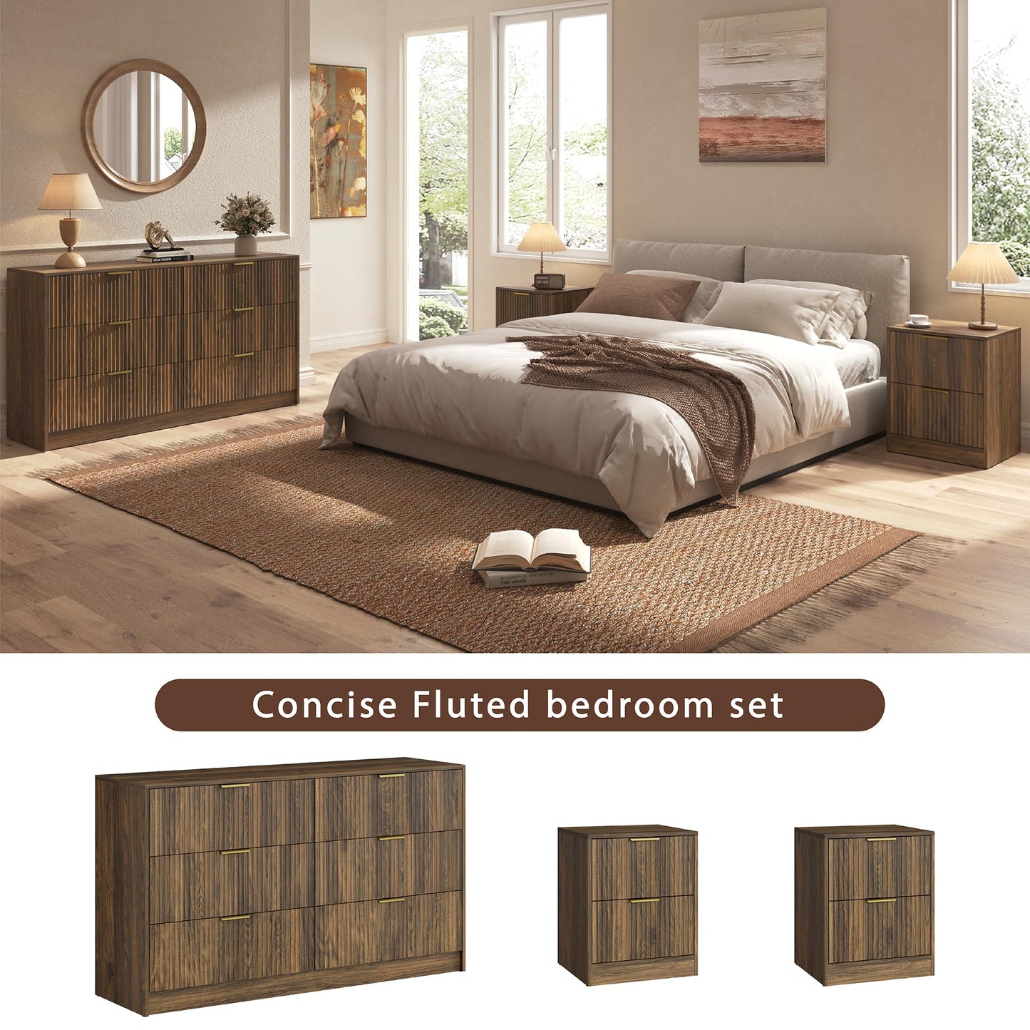 Sscaktu 3-Piece Modern Bedroom Furniture Set, Wide 6-Drawer Dresser & 2-Drawer Nightstands Set of 2, Natural Wood Dresser and Nightstand Sets for Bedroom, Hallway, Walnut