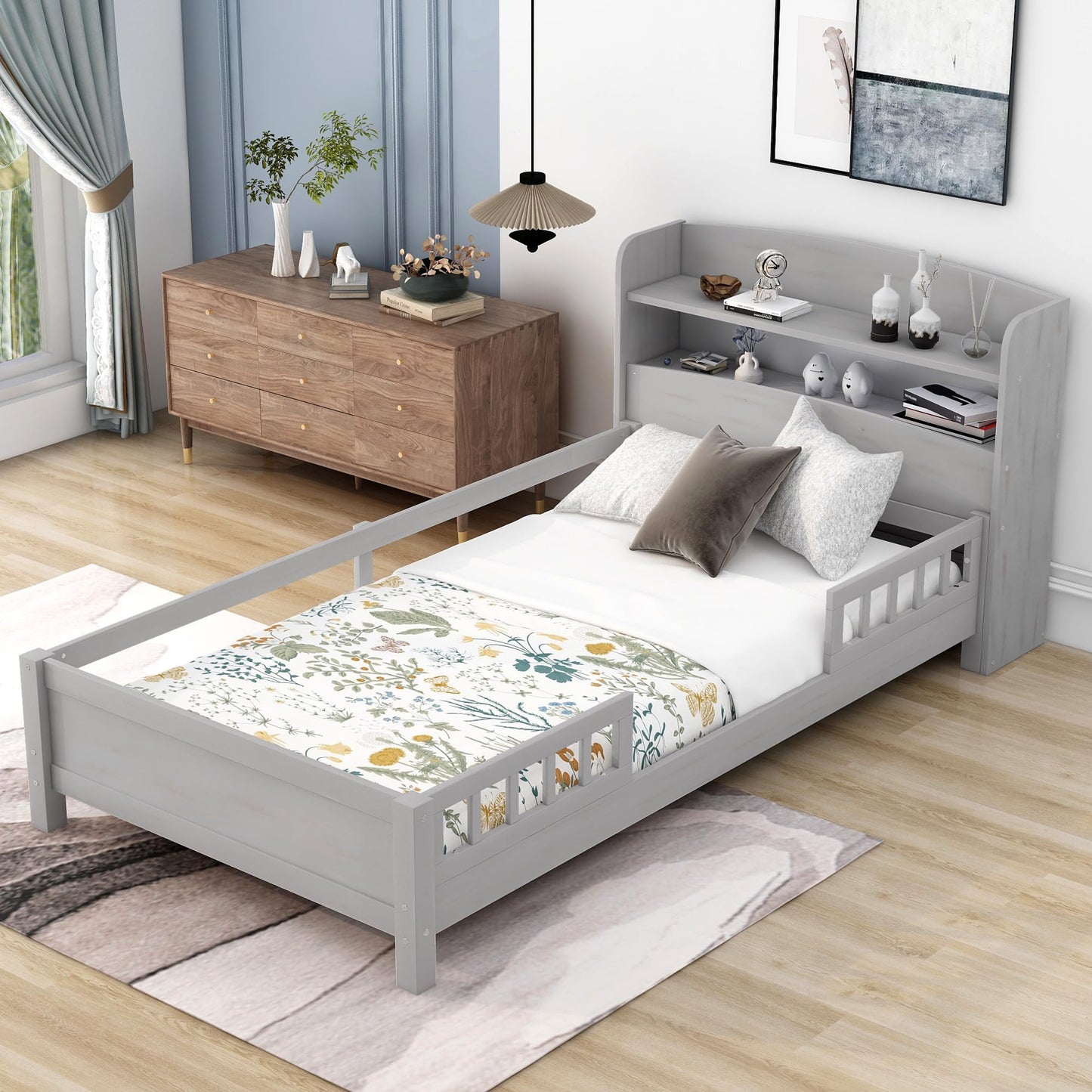 Merax Twin Bed Frame, Solid Wood Twin Size Platform Bed with Storage Headboard, Built-in Light and Safety Guardrail, Montessori Inspired Bed, No Box Spring Needed, Gray